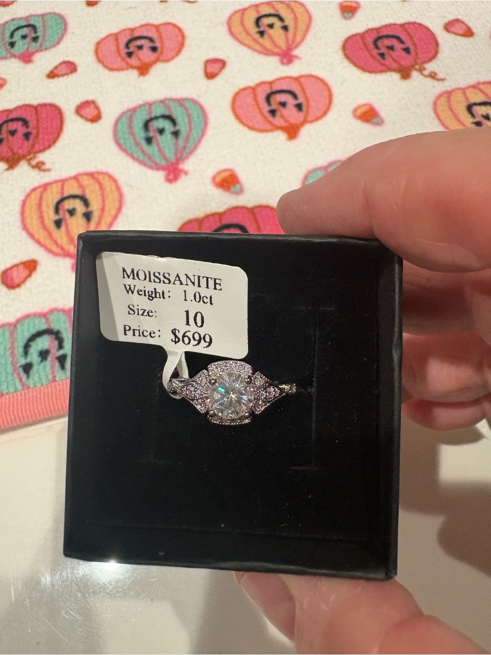 Moissanite Halo Ring in Silver-Tone (White) - Size 10